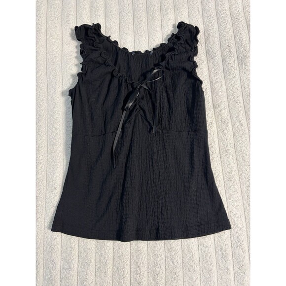 Brandy Melville Tops - Brandy Melville Black Crinkle Ruffle Tank Top Ribbon Tie OS Whimsigoth Romantic